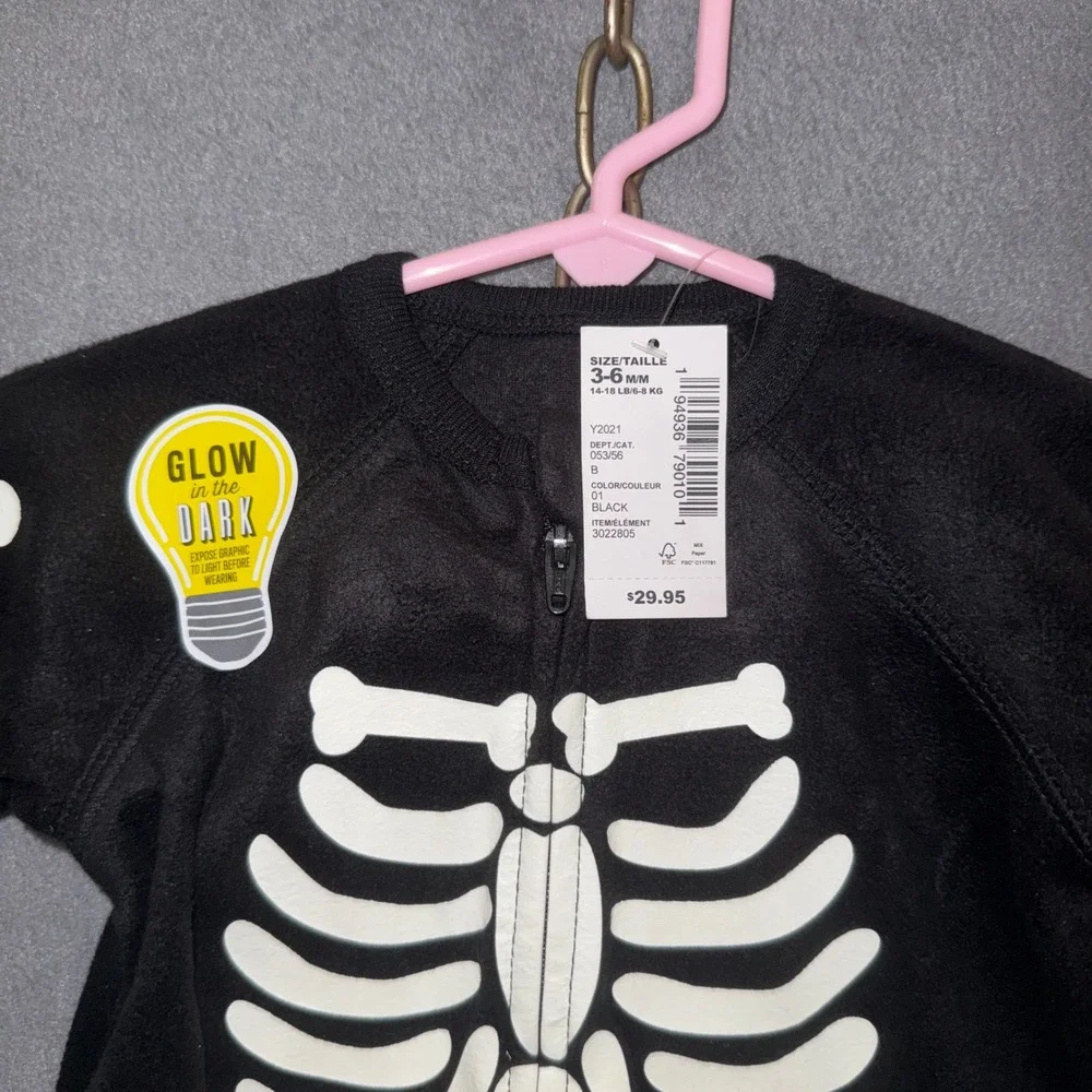 PJ Place Skeleton Glow in the Dark Fleece Sleeper Black 3-6M NWT Halloween